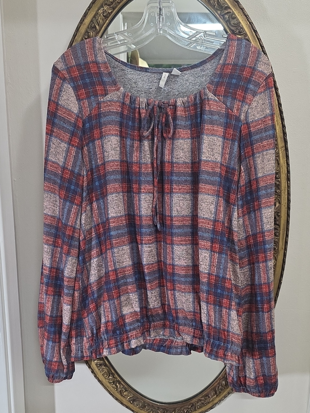 Cato Plaid Tie-Neck Peasant Blouse Size L Bohemian Style Red Blue